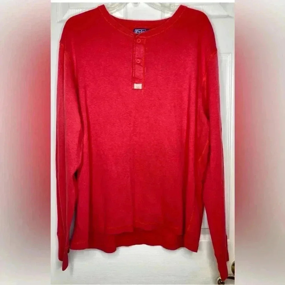 Vintage Men POLO RALPH LAUREN red L/s Cotton Henley Shirt Top Sz XXL Outfitters